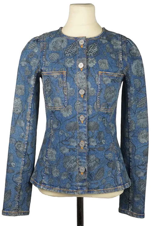 Blaue Jeansjacke mit langen Ärmeln von Chanel mit Blumenmuster, gebrauchter Artikel, Vorderansicht