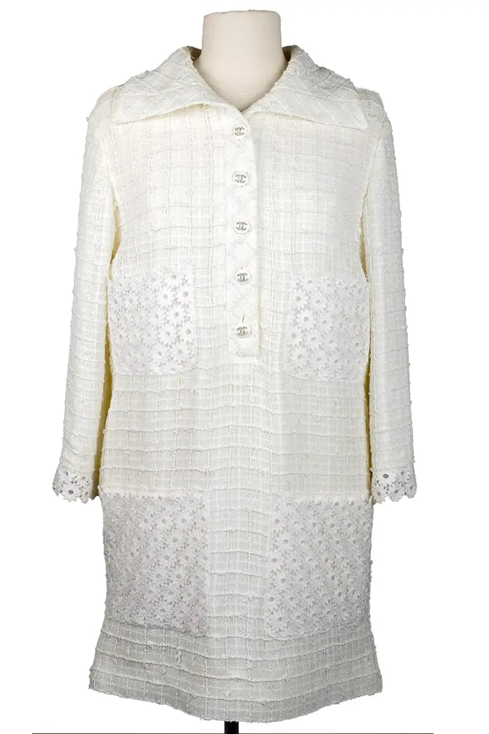 Kleid Chanel aus Tweed und weißer Spitze, Paris-Capri Resort, gebrauchter Artikel, Vorderansicht