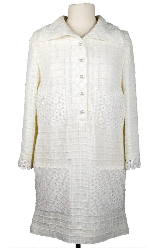 Vestido Chanel de tweed y encaje blanco, Paris-Capri Resort, artículo de segunda mano, vista frontal