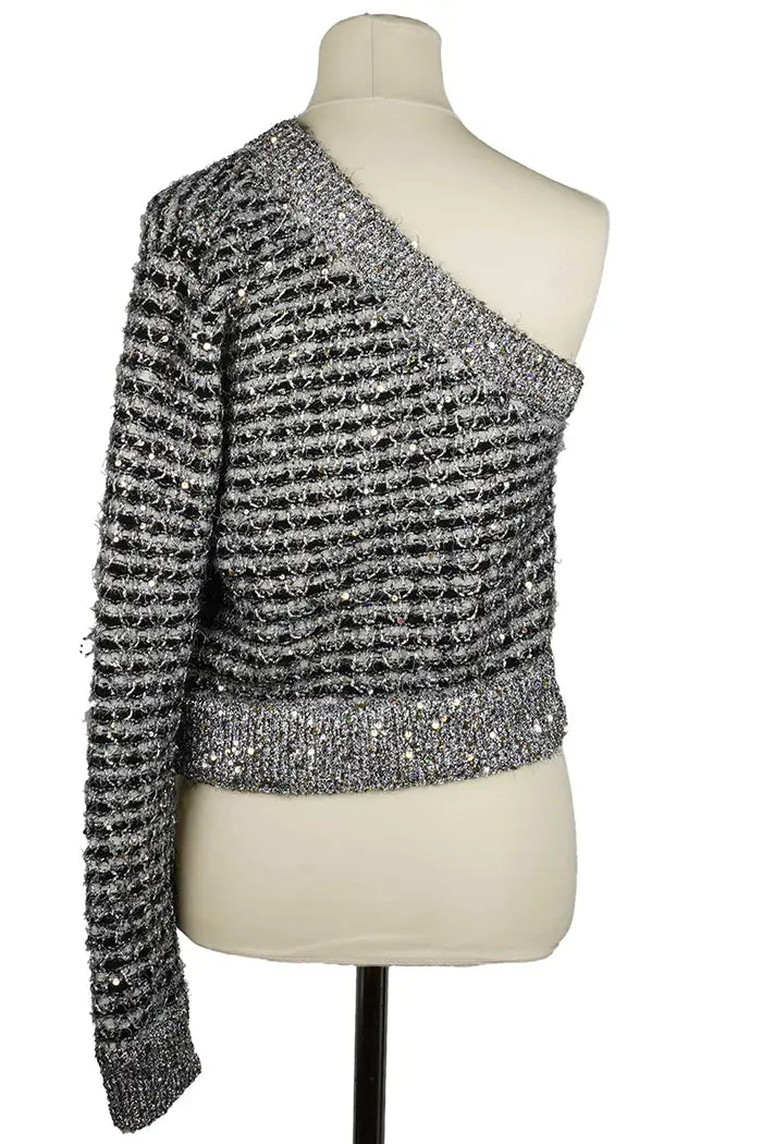 Chanel Top  asimétrico de tweed a rayas negro y gris plateado, prenda de segunda mano, vista posterior