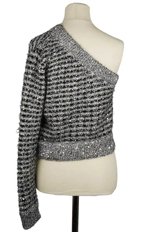 Chanel top asimétrico de tweed a rayas negro y gris plateado, prenda de segunda mano, vista posterior