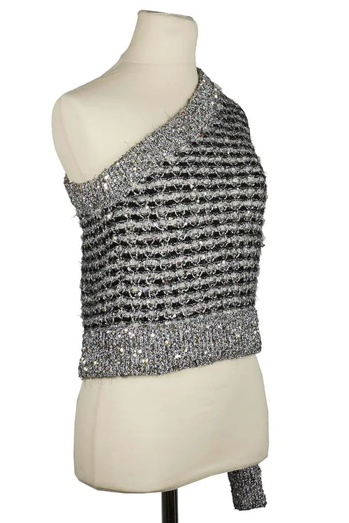 Chanel top asimétrico de tweed a rayas negro y gris plateado, prenda de segunda mano, 3/4 vista