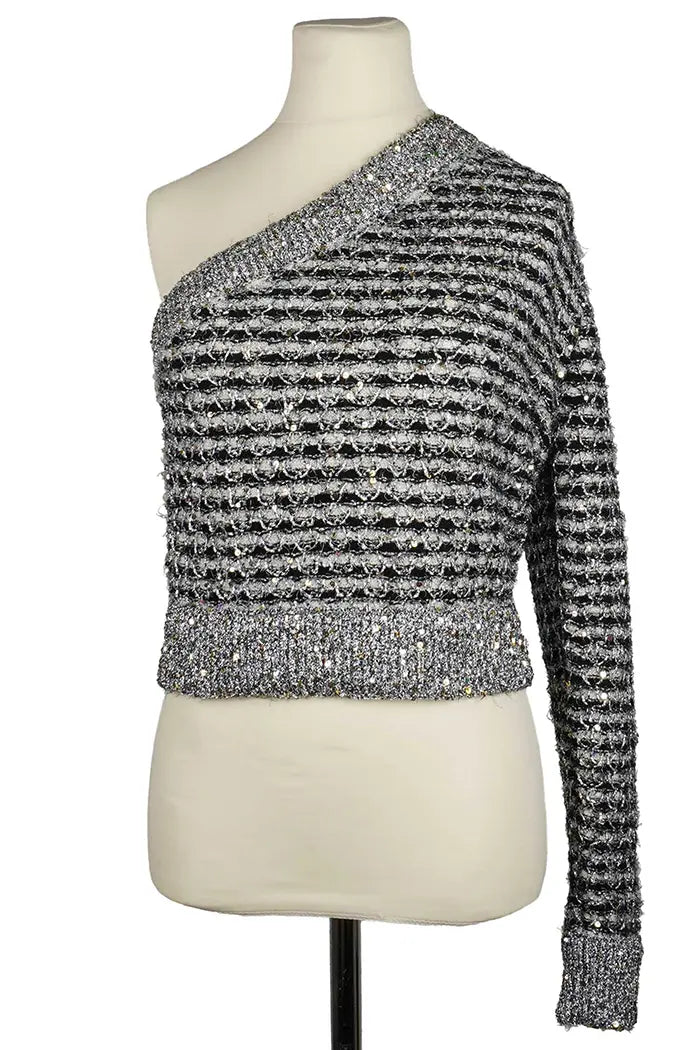 Chanel Top  asimétrico de tweed a rayas negro y gris plateado, prenda de segunda mano, vista delantera