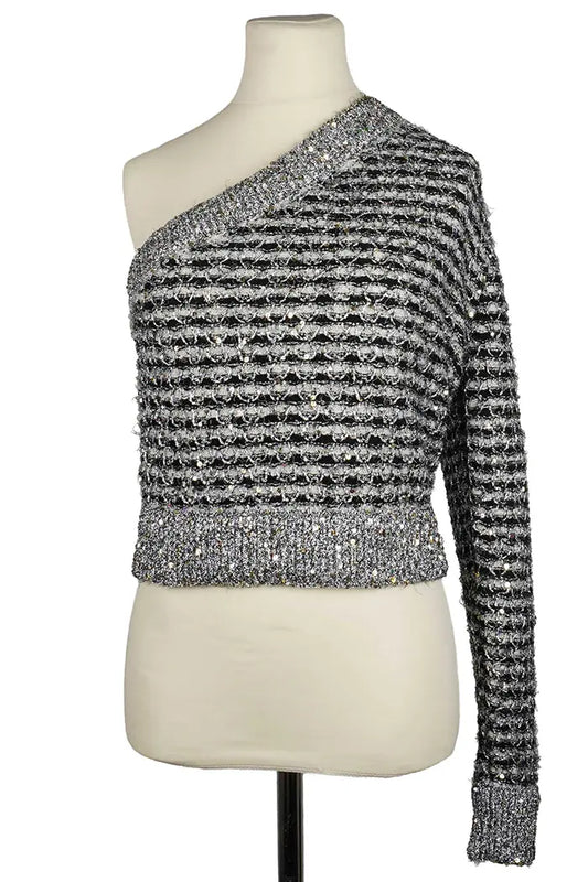Chanel Top  asimétrico de tweed a rayas negro y gris plateado, prenda de segunda mano, vista delantera