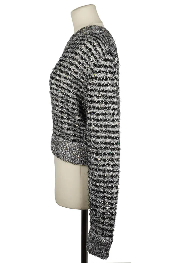 Chanel Top  asimétrico de tweed a rayas negro y gris plateado, prenda de segunda mano, vista lateral