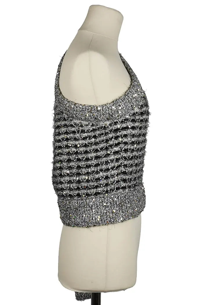 Chanel Top  asimétrico de tweed a rayas negro y gris plateado, prenda de segunda mano, largo 3/4 vista