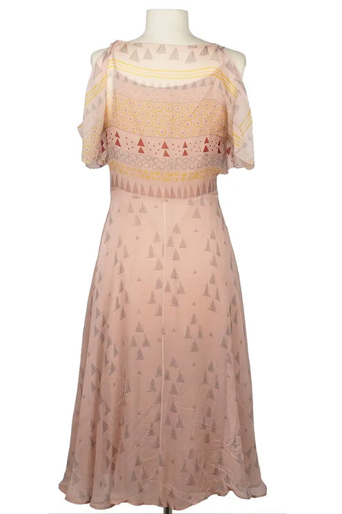 Vestido Valentino de gasa con estampado geométrico, seminuevo, vista trasera