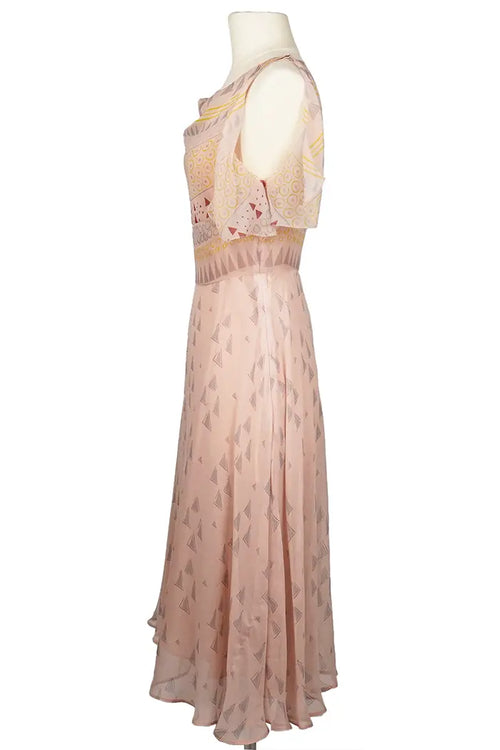 Vestido Valentino de gasa con estampado geométrico, seminuevo, vista lateral