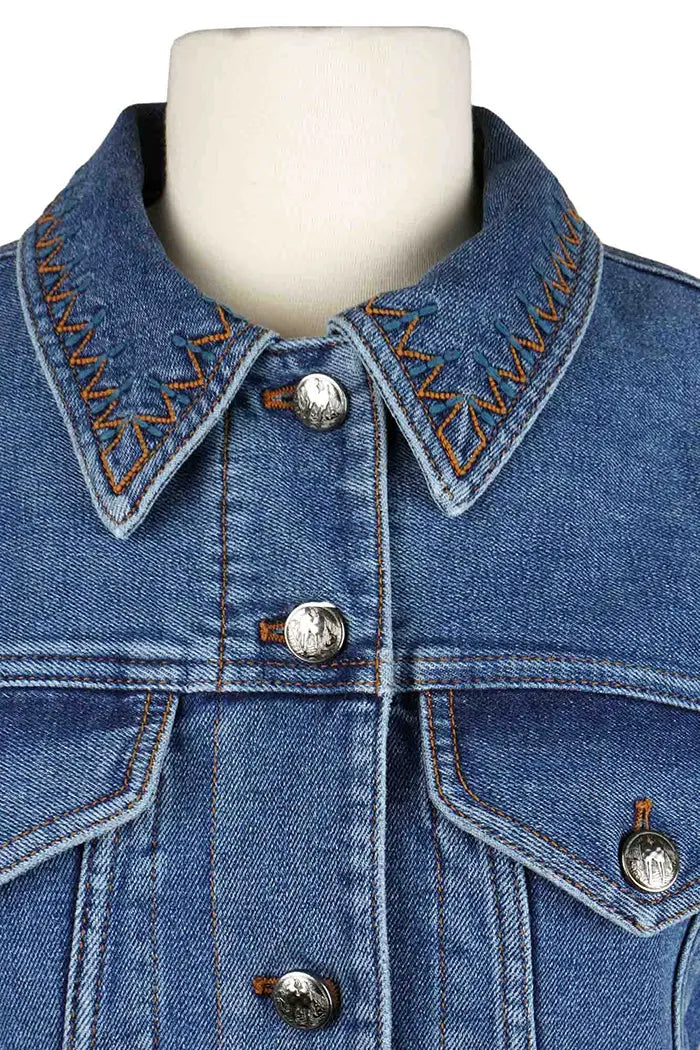 Chaqueta Chloé corta con mangas 3/4 en denim, artículo de segunda mano, zoom en el cuello