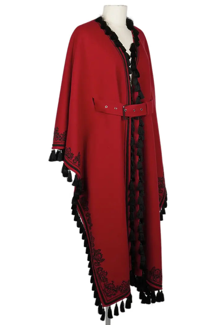 Chal Dior de lana virgen roja con flecos negros, artículo de ocasión, vista 3/4