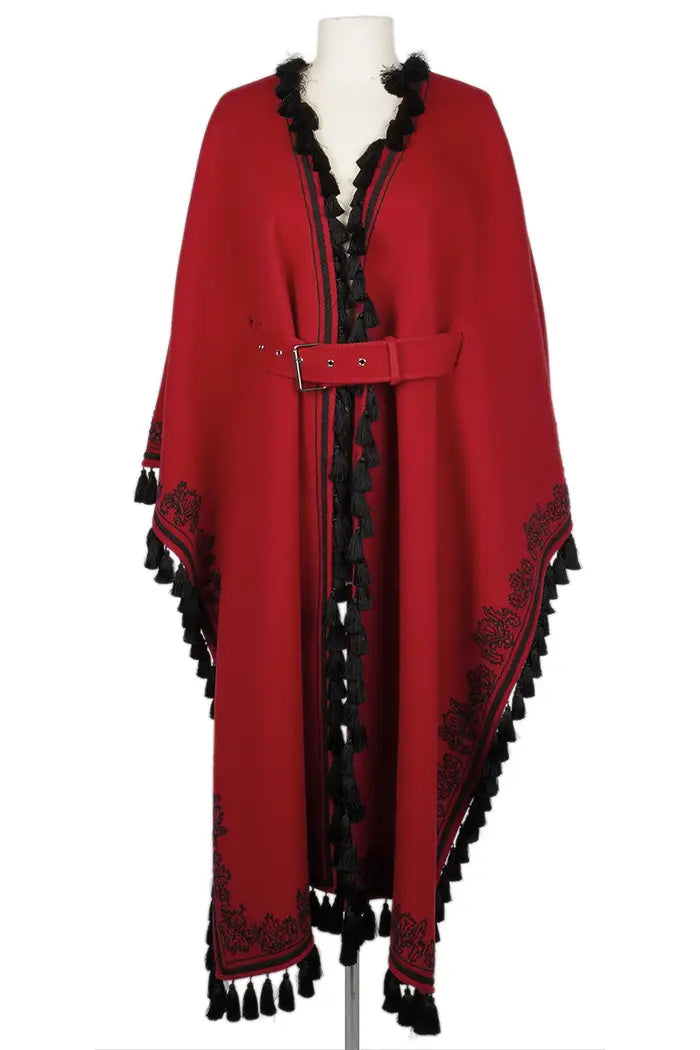 Chal Dior de lana virgen roja con flecos negros, artículo de ocasión, vista frontal