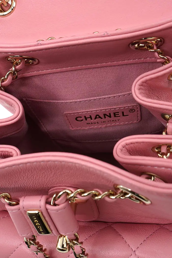 Chanel Duma Mochila  en piel de cordero acolchada rosa empolvado, artículo de segunda mano, vista del bolso abierto