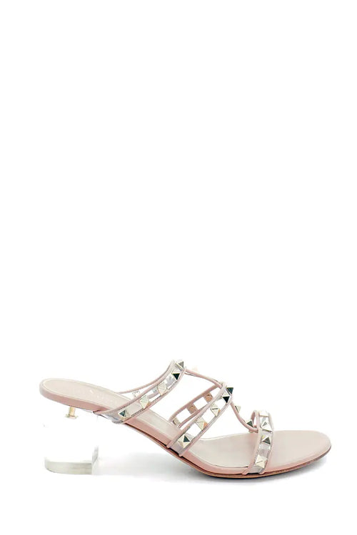Valentino Gravani Rockstud Sandalen aus poliertem Leder und PVC, gebrauchter Artikel, Seitenansicht