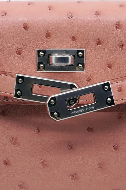 Zoom den Verschluss der gebrauchten Kelly II 25 Tasche aus Straußenleder.