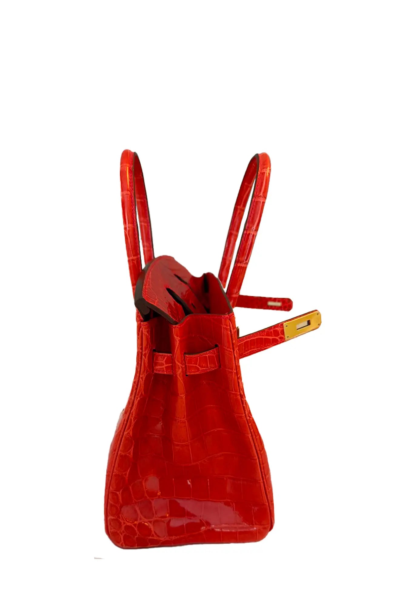 Hermès Birkin 30 crocodile brillant rouge, finitions dorées vue de côté