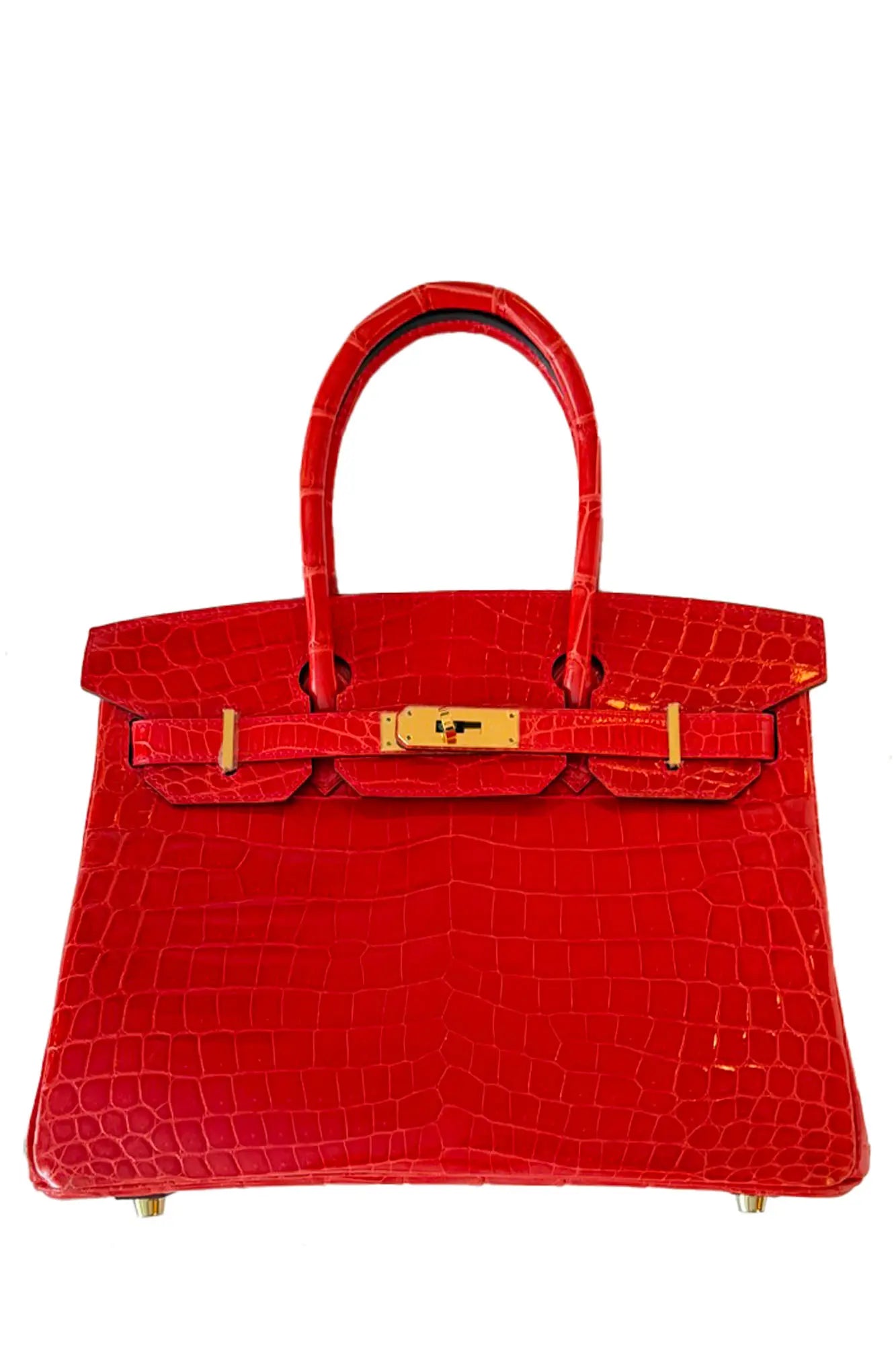 Sac Hermès Birkin 30 en crocodile rouge, finition or, sac à main iconique, vue de face