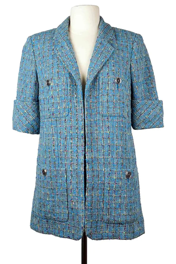Front view -Chanel tweed blue-green preloved Jacket , straight cut, Size 38