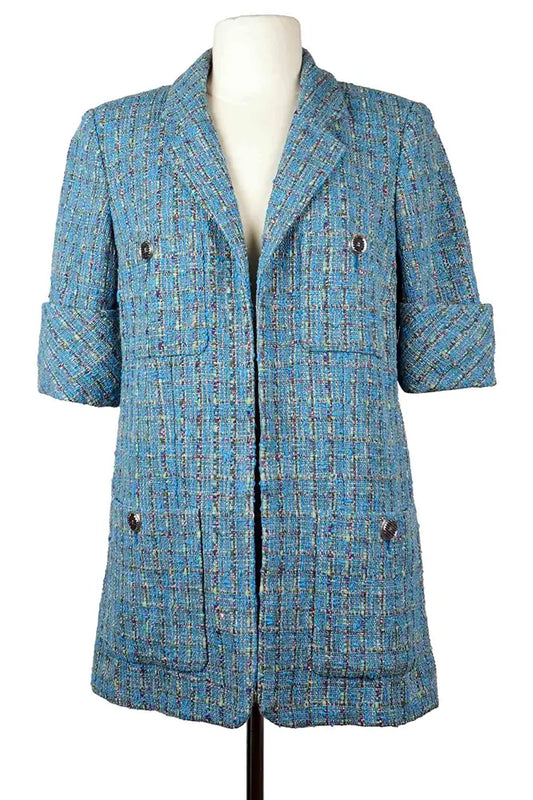 Vorderansicht -Chanel  Jacke  aus Tweed, blaugrün preloved, gerader Schnitt, Größe 38