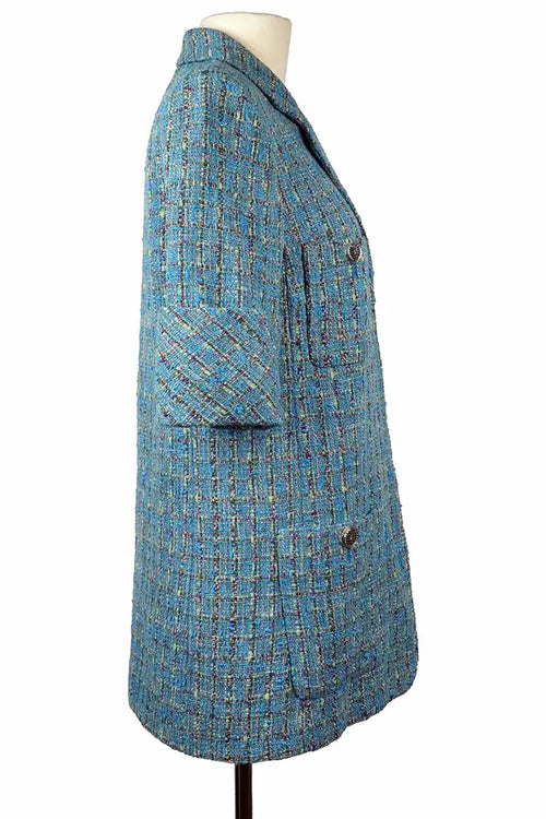 Chanel tweed preloved, Data Center 2017 chaqueta azul verde con botones CC.