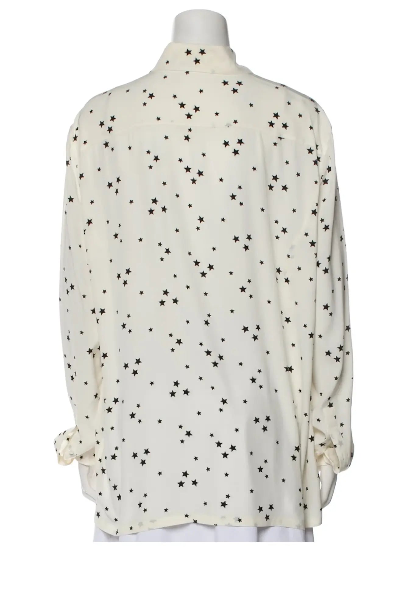 Espalda de la blusa Prada Primavera/Verano 2021 en seda estampada, caída suave y líneas limpias para un estilo femenino y sofisticado.
