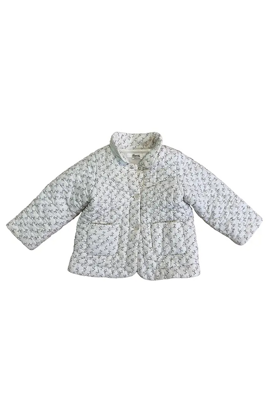 Veste Bonpoint d’occasion, face avant avec deux poches plaquées et boutons, imprimé floral blanc et bleu, taille 2 ans.